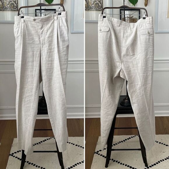 Saint Hilaire Cotton Linen Trousers Pants Pleat ivory 48R - Picture 1 of 10